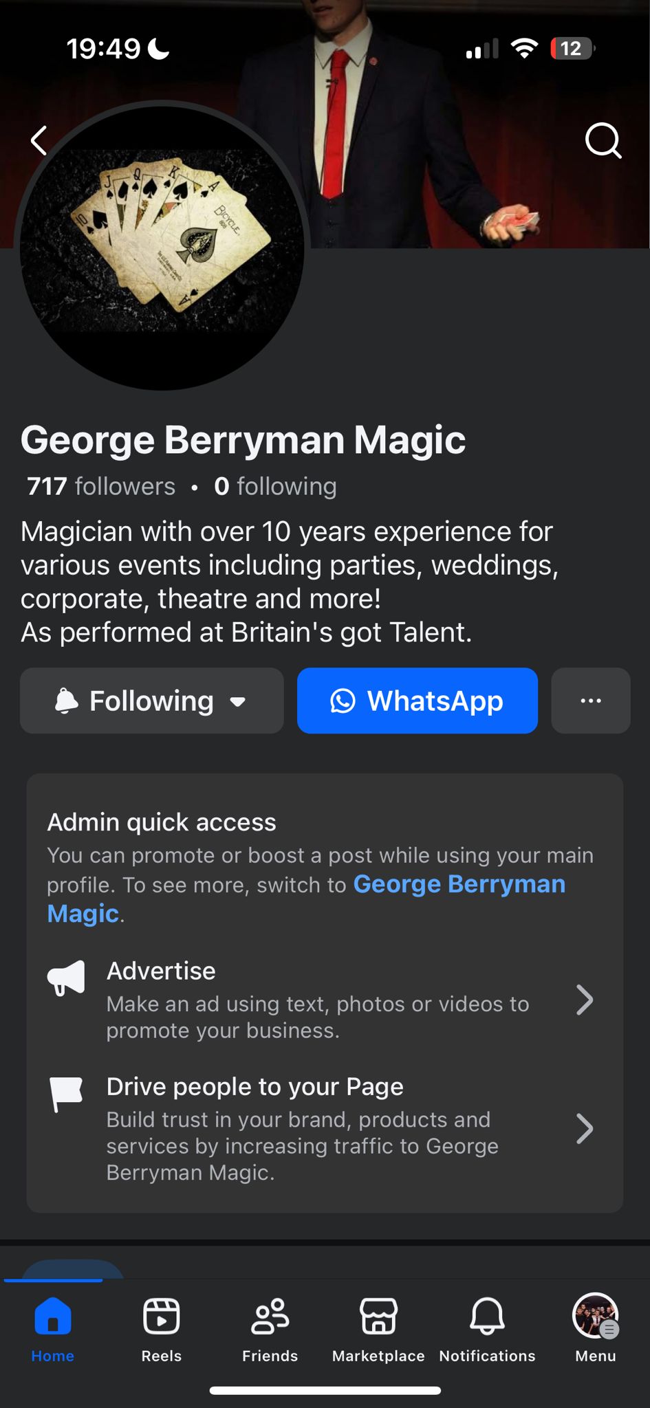 Screenshot of George Berryman's Facebook page with performance media.