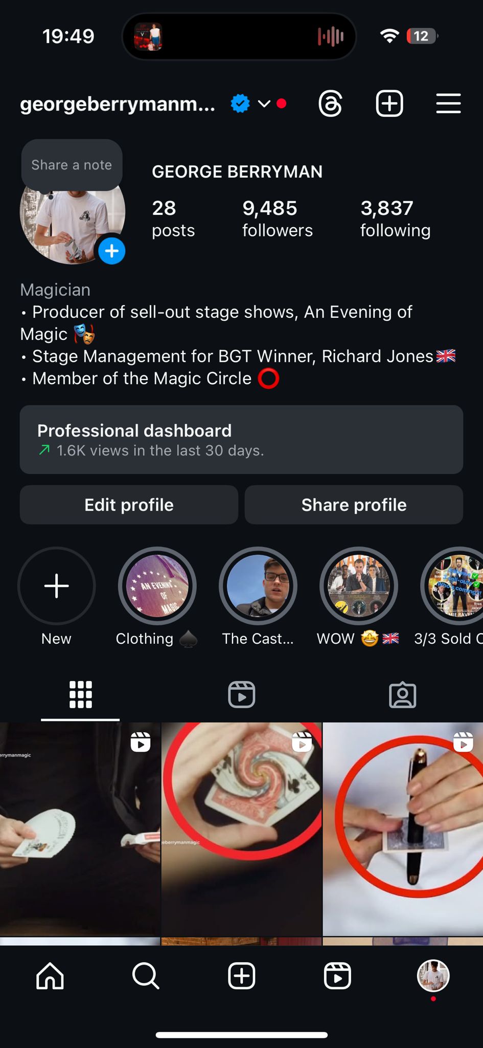 Screenshot of George Berryman's Instagram page with performance media.